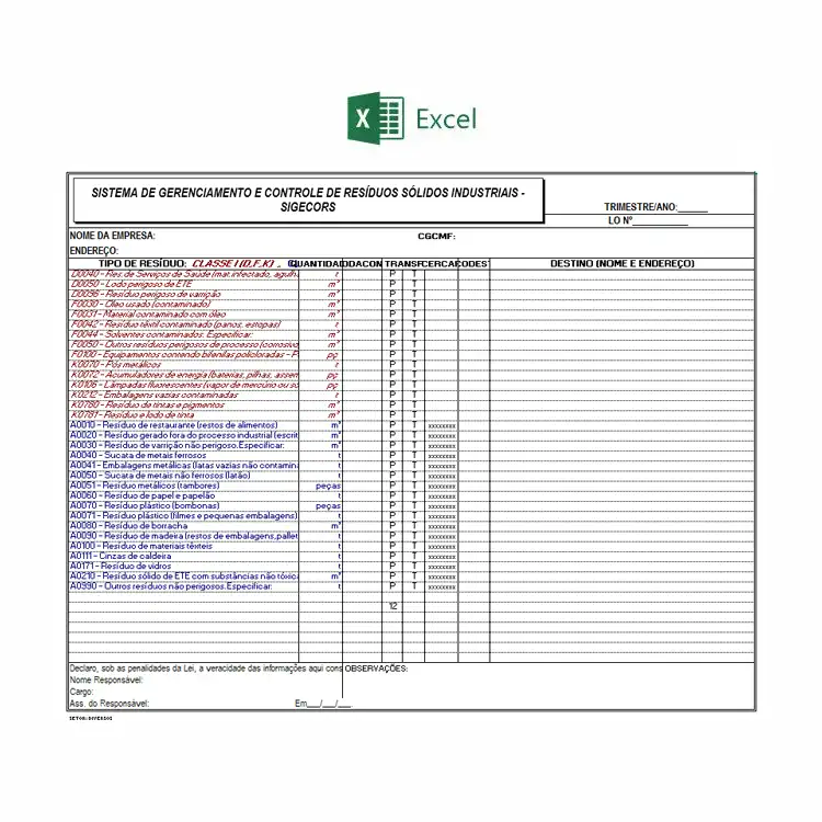 planilha controle resíduos industriais