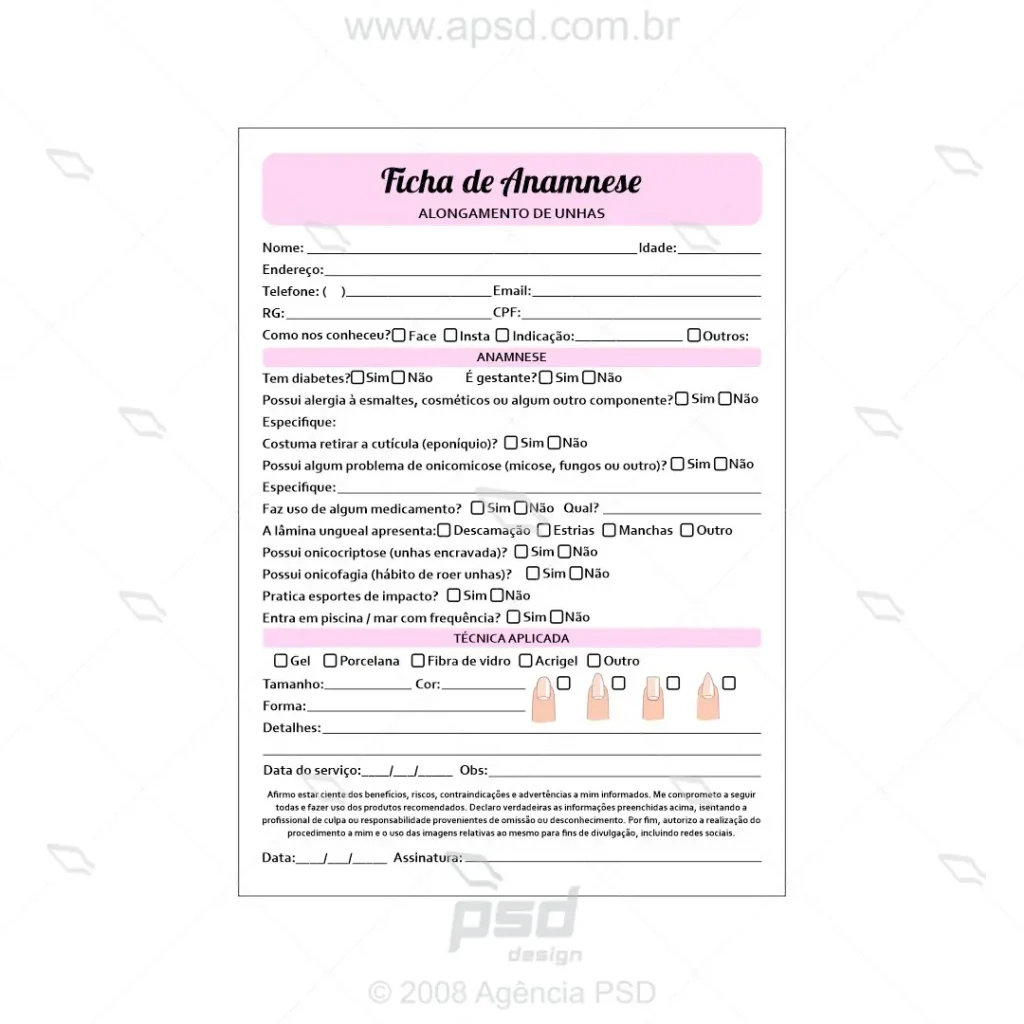 ficha anamnese alongamento de unhas