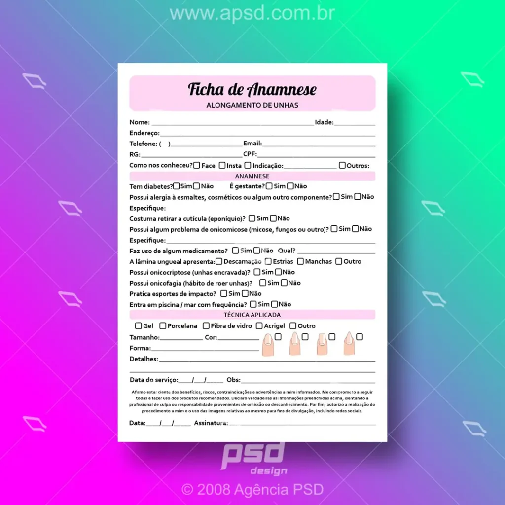 arte ficha anamnese alongamento de unhas