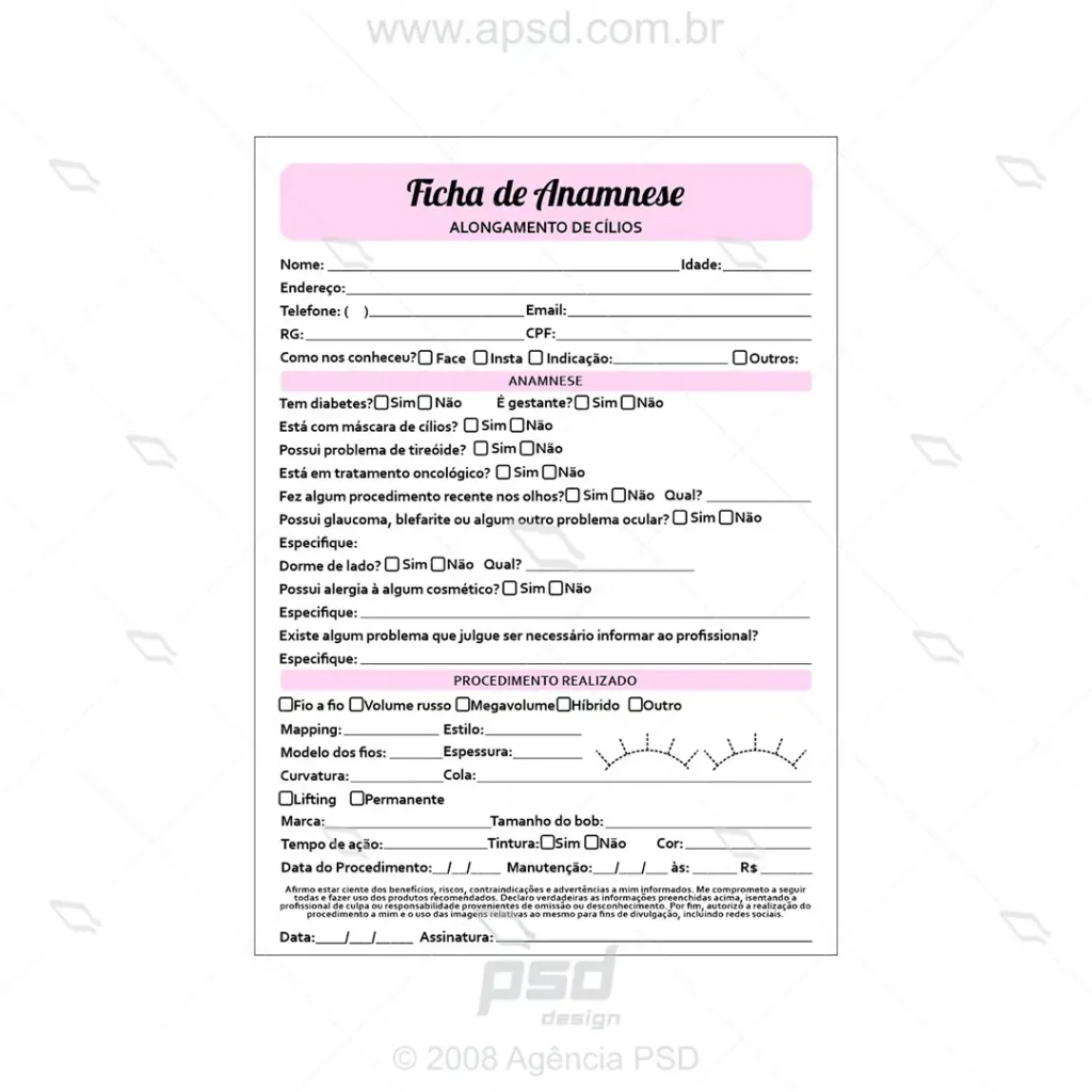 ficha anamnese alongamento de cílios