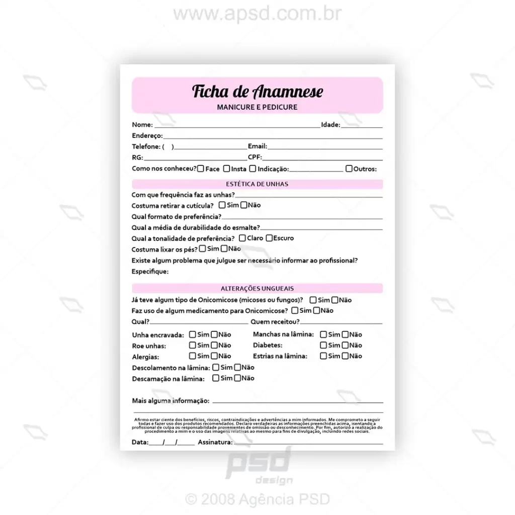 ficha anamnese manicures pedicure