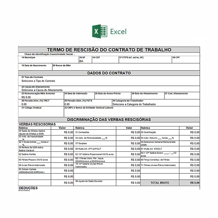 planilha contrato de rescisão do trabalho