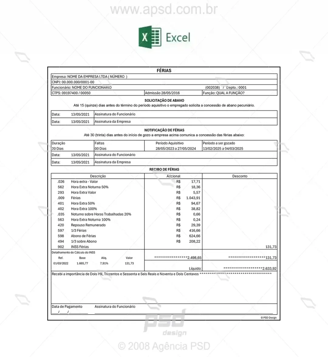 planilha calculo de ferias