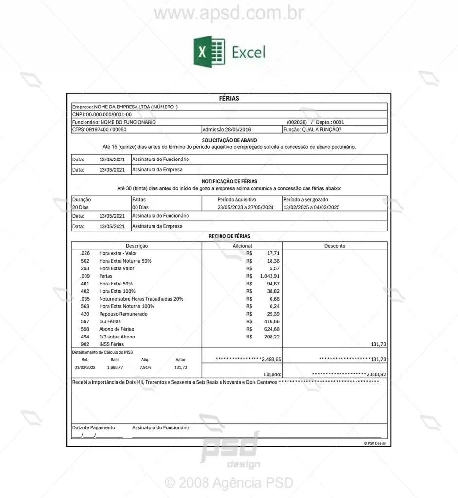 planilha calculo de ferias