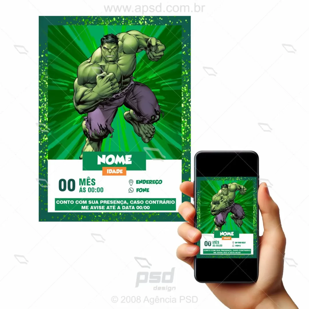 convite digital aniversário tema hulk