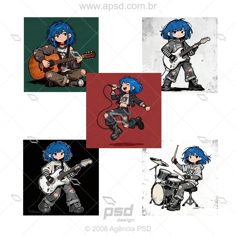 Cartoons Blue Hair Musician Girl