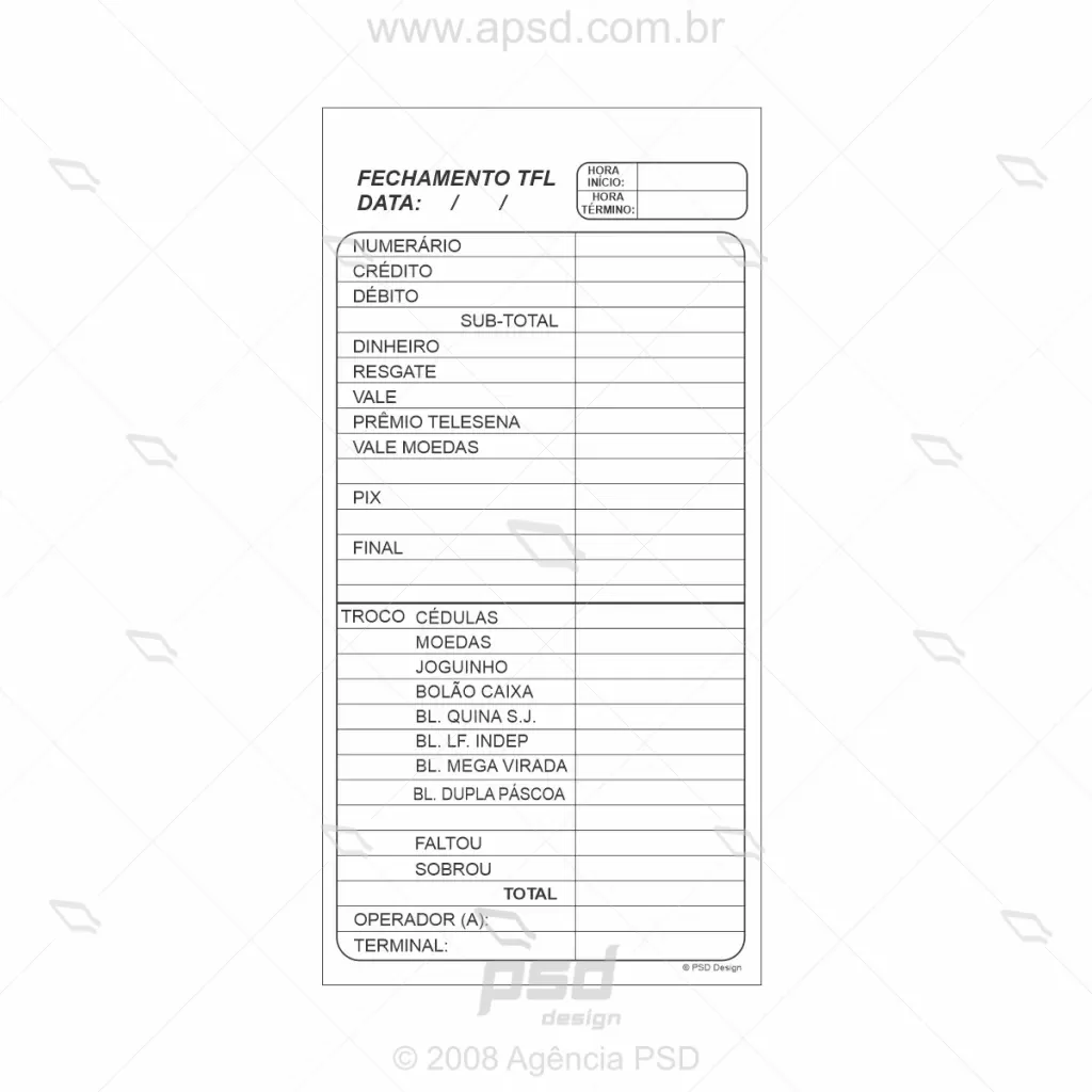 bloco de fechamento financeiro lotérico