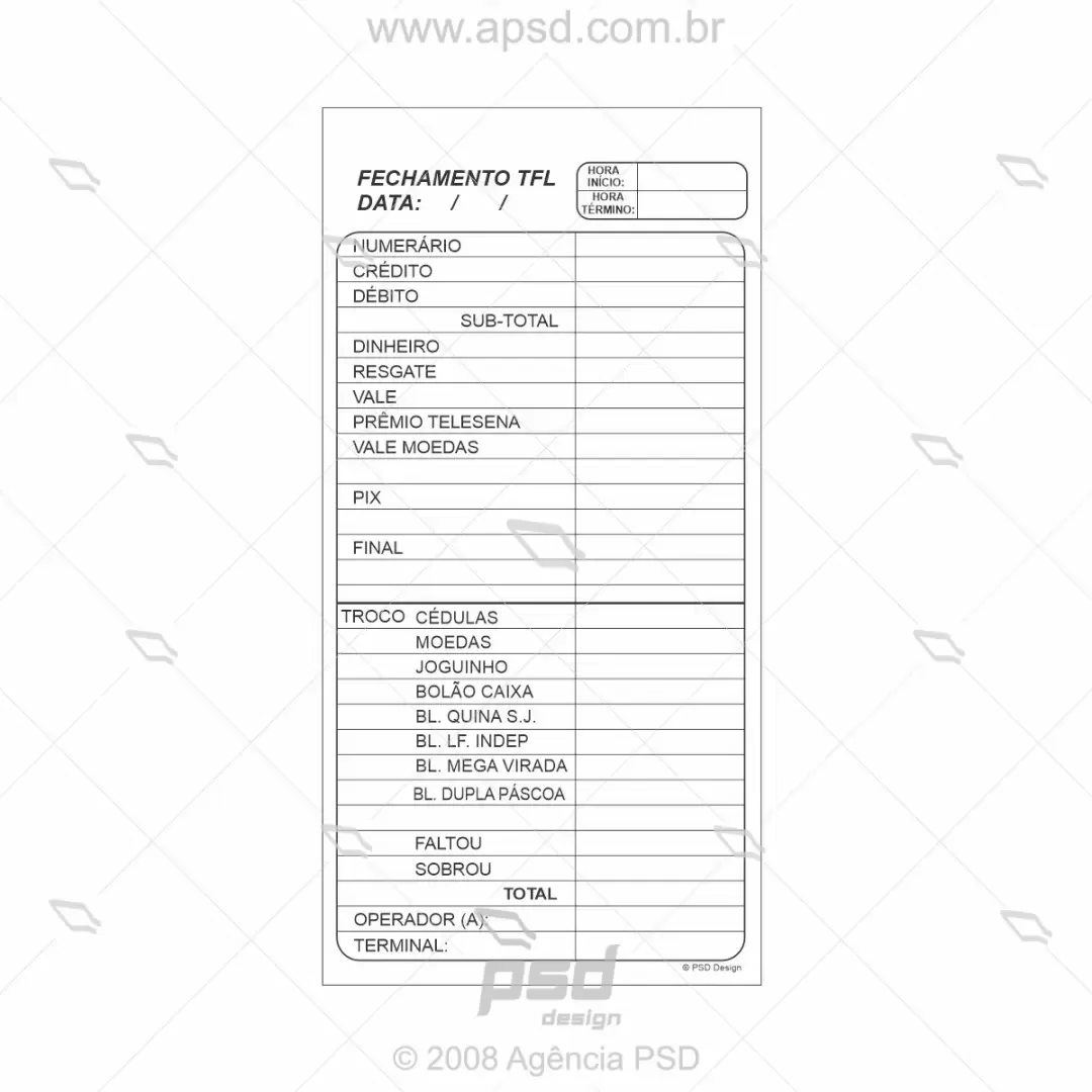 bloco de fechamento financeiro lotérico